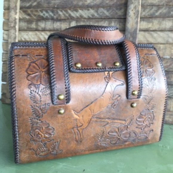 Vintage Leather Tooled Purse/Bag with Handles - Picture 4 of 8